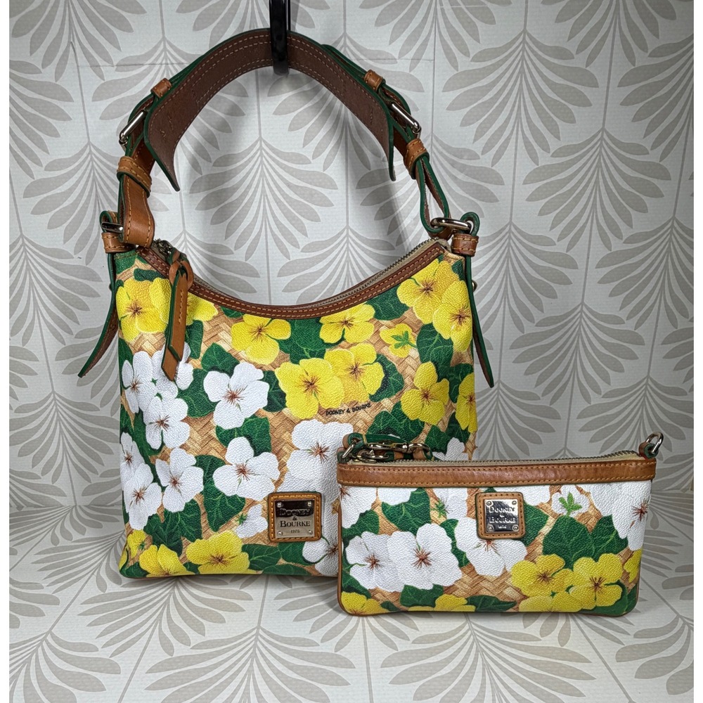 Dooney & Bourke Yellow Pansy Basketweave Hobo Shoulder Bag Wristlet Set RARE Y2K